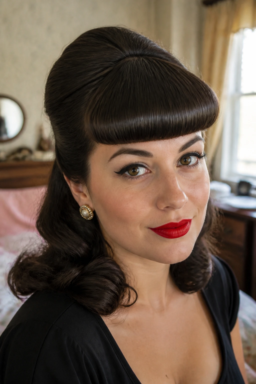 Close-up of a real woman with retro pin-up fringe curling under above the brows in warm window light
