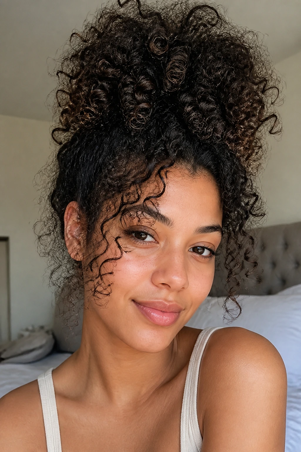 Close-up of a real woman with a pineapple puff on top of the head