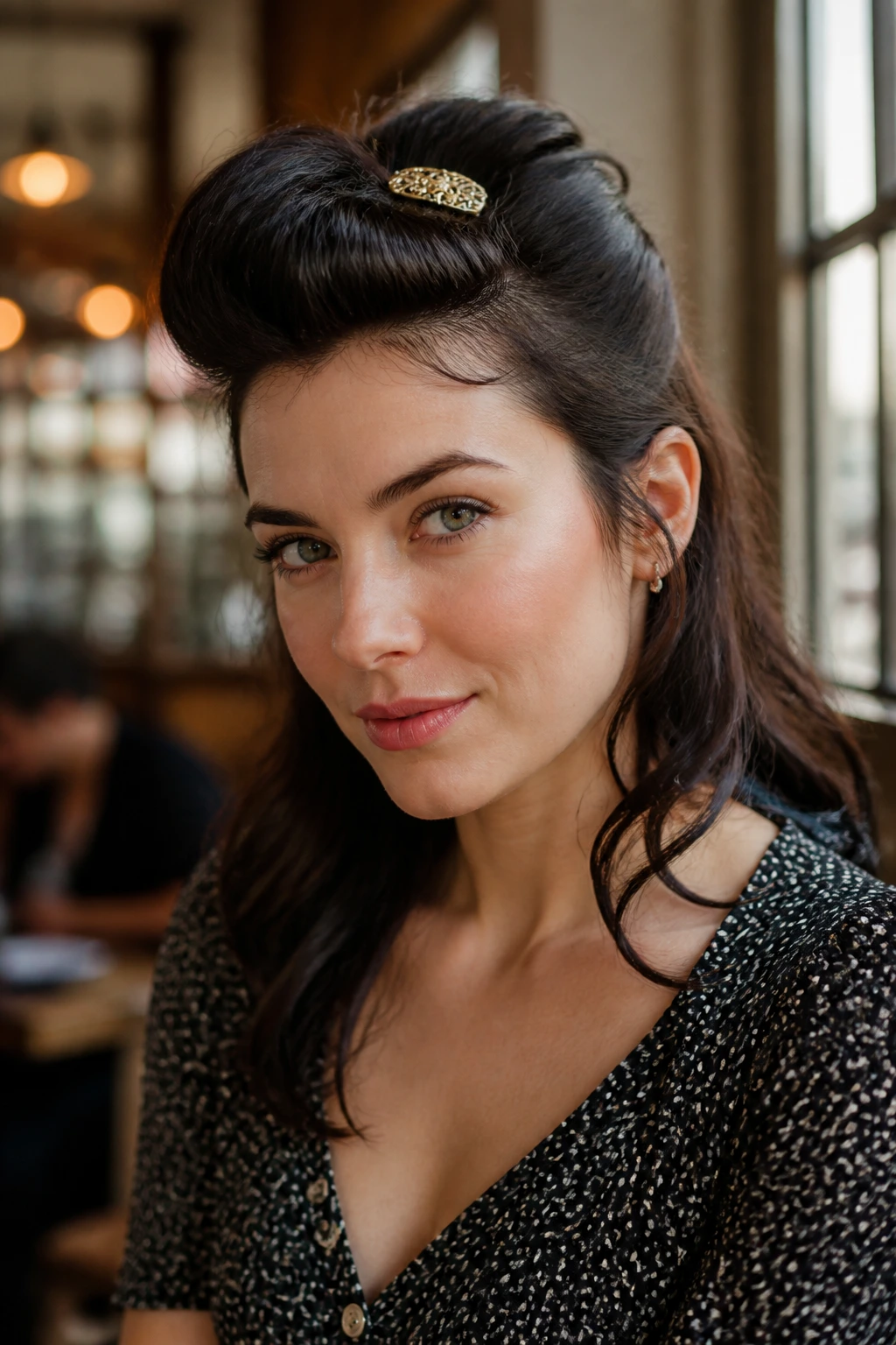 Close-up of a real woman with bangs pinned back into a front pompadour