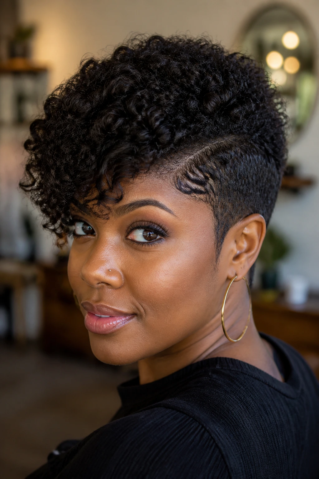 Close-up of a Black woman with a pixie haircut featuring a longer crown.