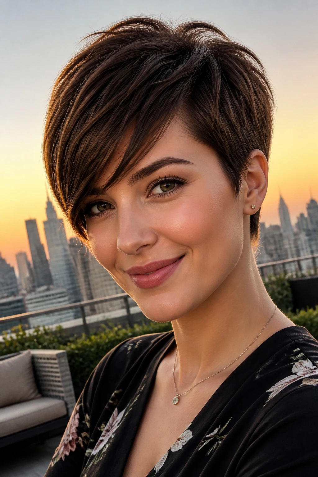 Close-up of a real woman with pixie cut and side-swept fringe