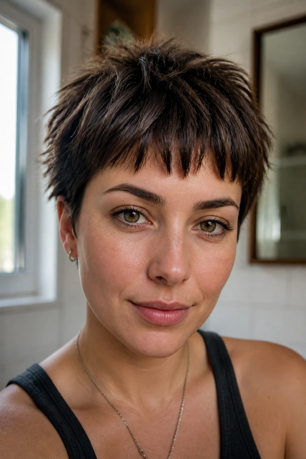Close-up of a person with a short, choppy pixie fringe under natural light