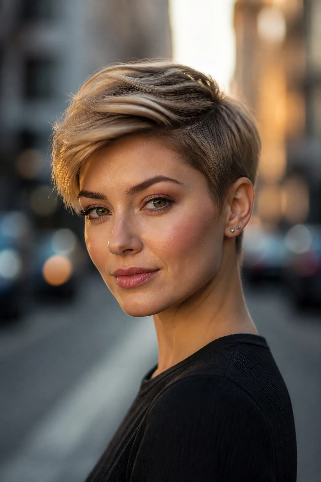 Portrait of a real woman with a pixie cut and longer top, side profile.