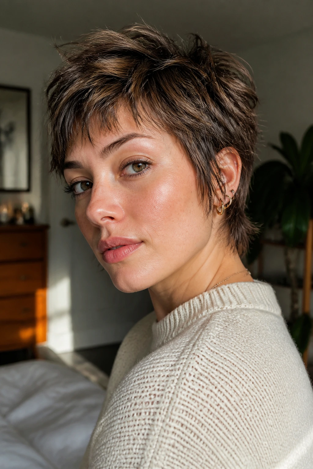 Close-up portrait of a real person with a grown-out pixie shag showing textured layers.