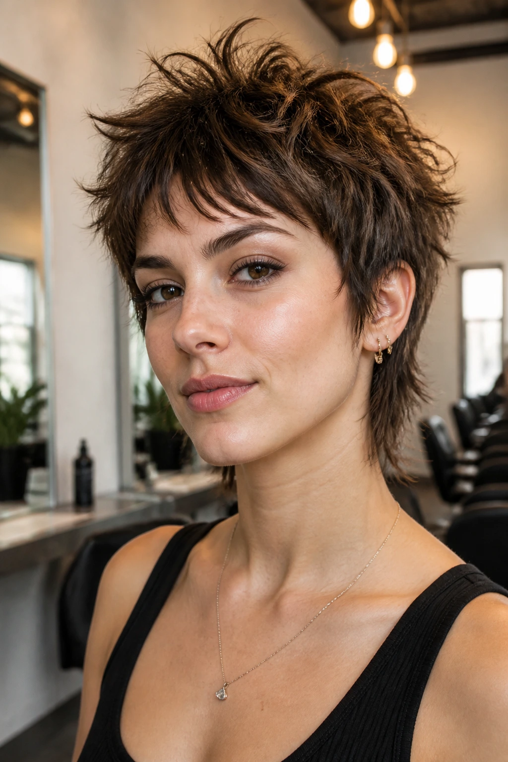 Close-up of a real woman with a choppy pixie shag hairstyle.