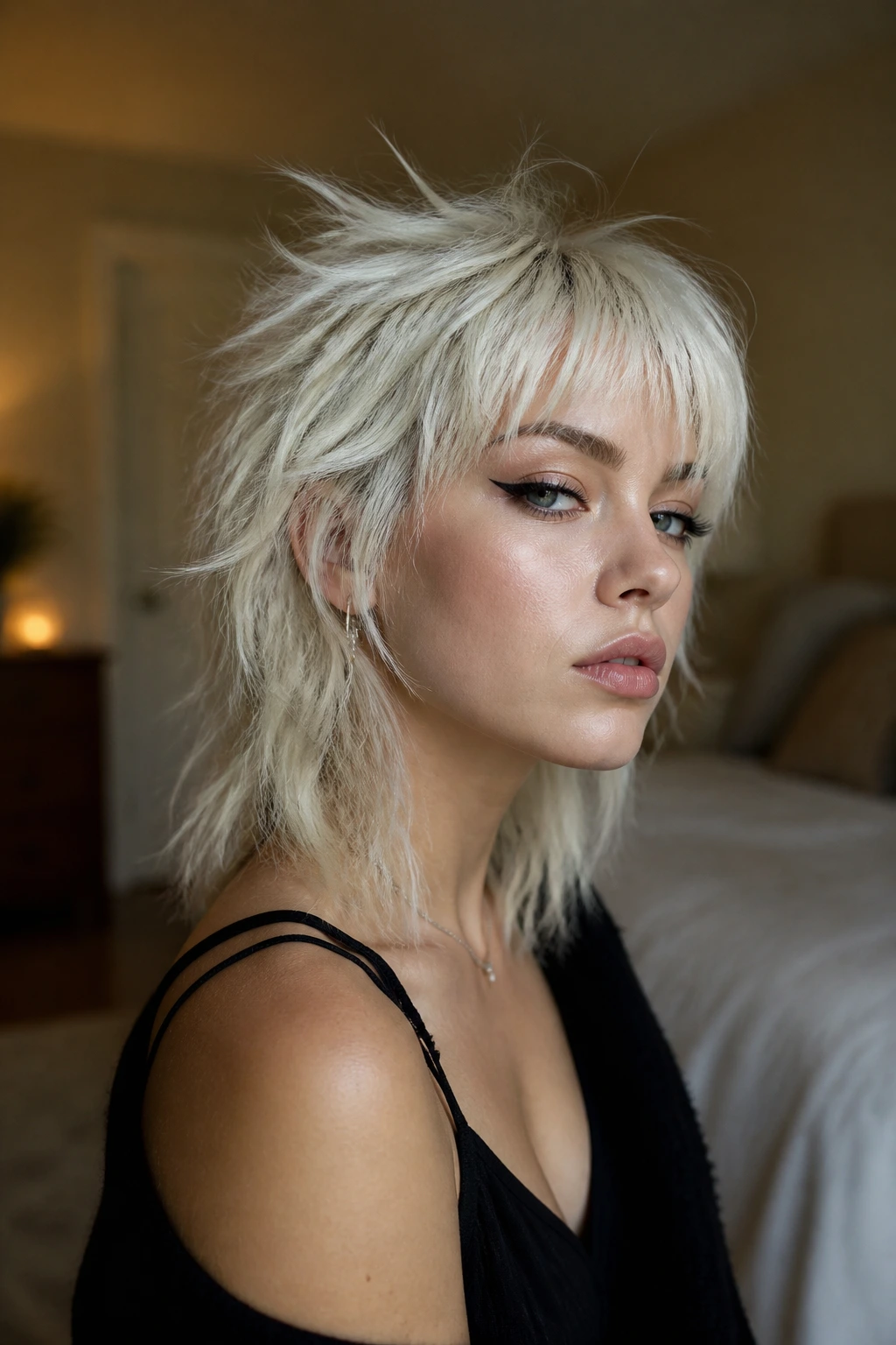 Close-up portrait of a real person with a platinum blonde short wolf cut highlighting layers and fringe