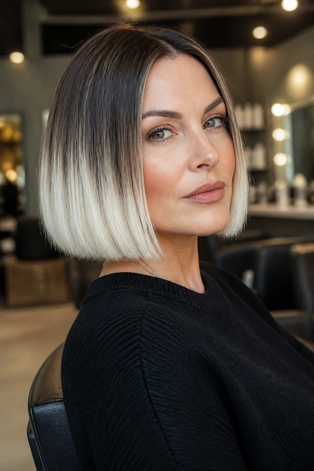 Portrait of a woman with bright platinum ends on a blunt bob in natural salon light