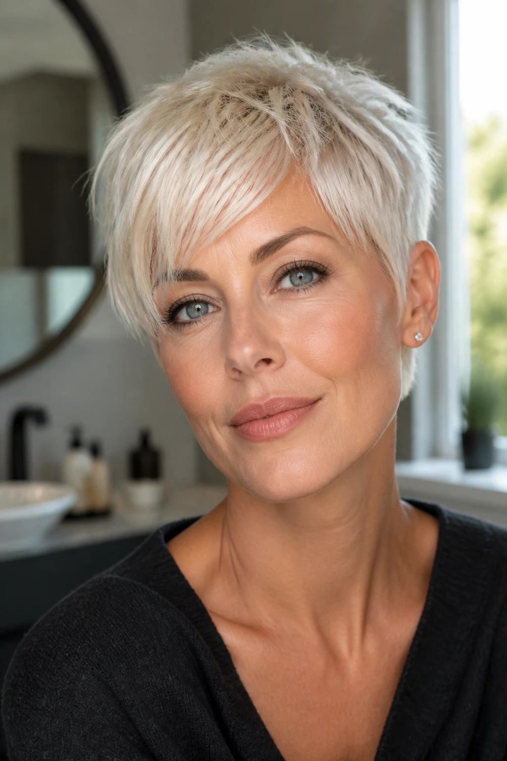 Close-up of a real woman with a platinum pixie haircut under natural window light