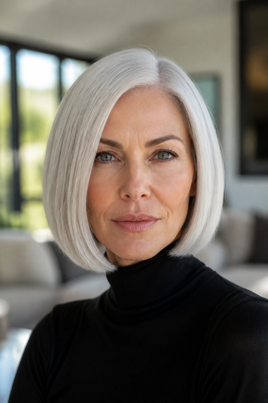 Close-up of a real woman with a platinum silver bob in natural light