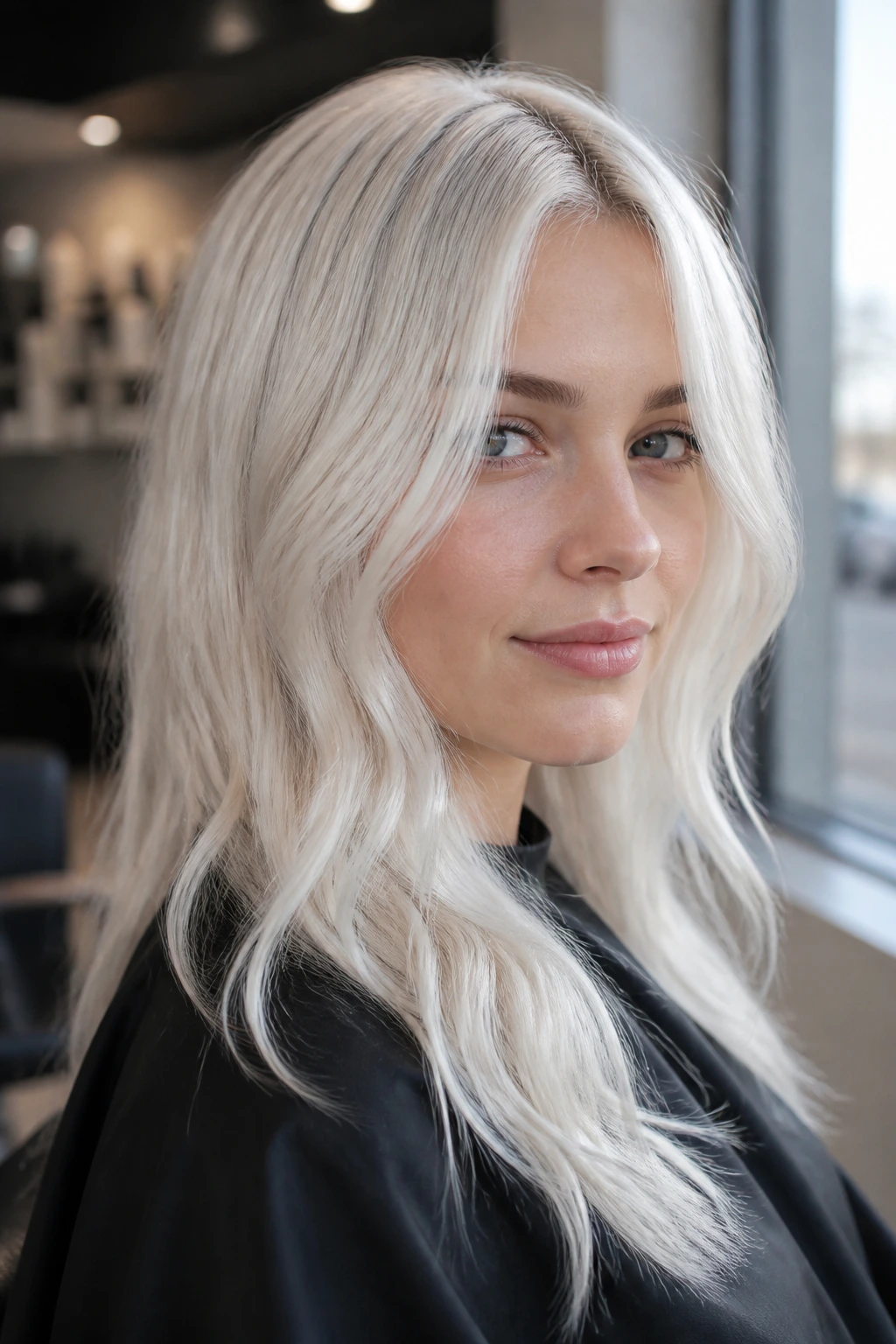 Close-up portrait of a real person with platinum white hair in soft salon daylight