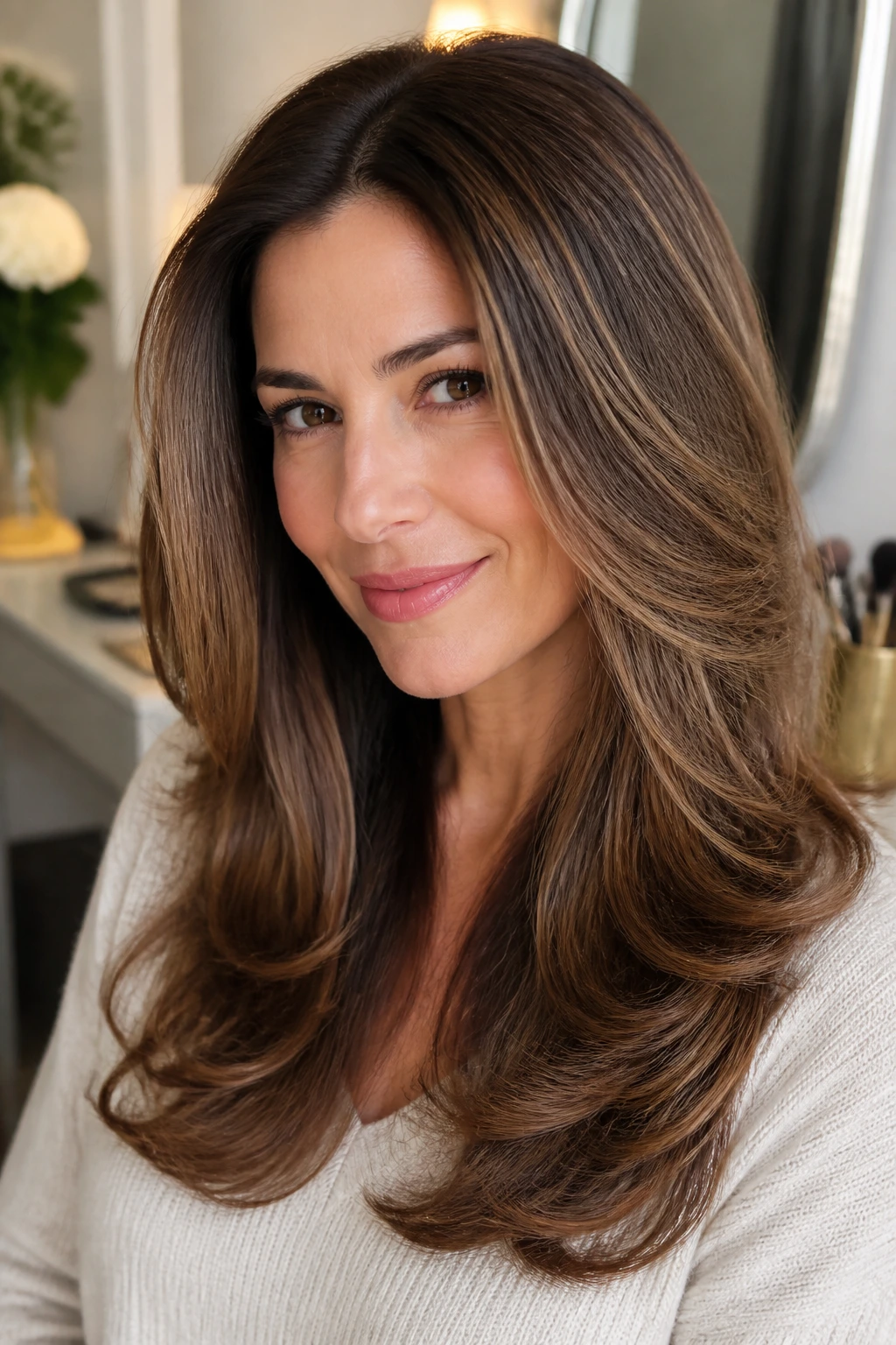 Close-up of a real woman in her 40s with a polished blowout hairstyle