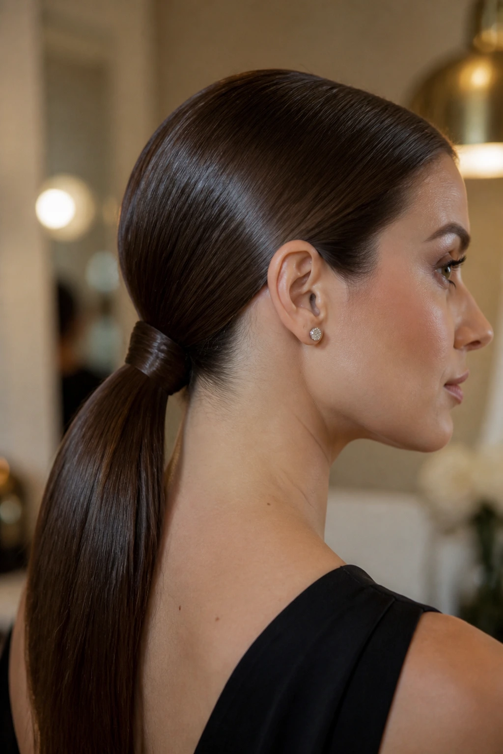 Close-up of a real woman with a sleek polished low ponytail