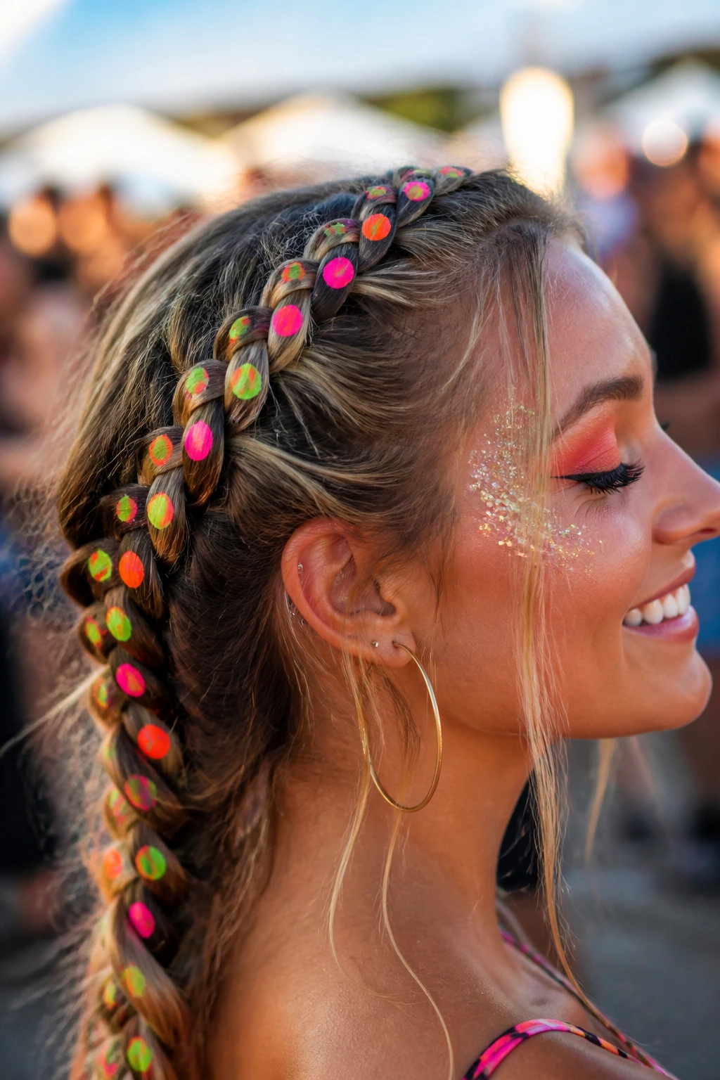 Close-up of real person with polka dot accents on braided hair