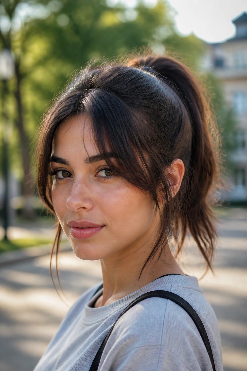 Portrait of a person with a ponytail and curtain bangs framing the face outdoors