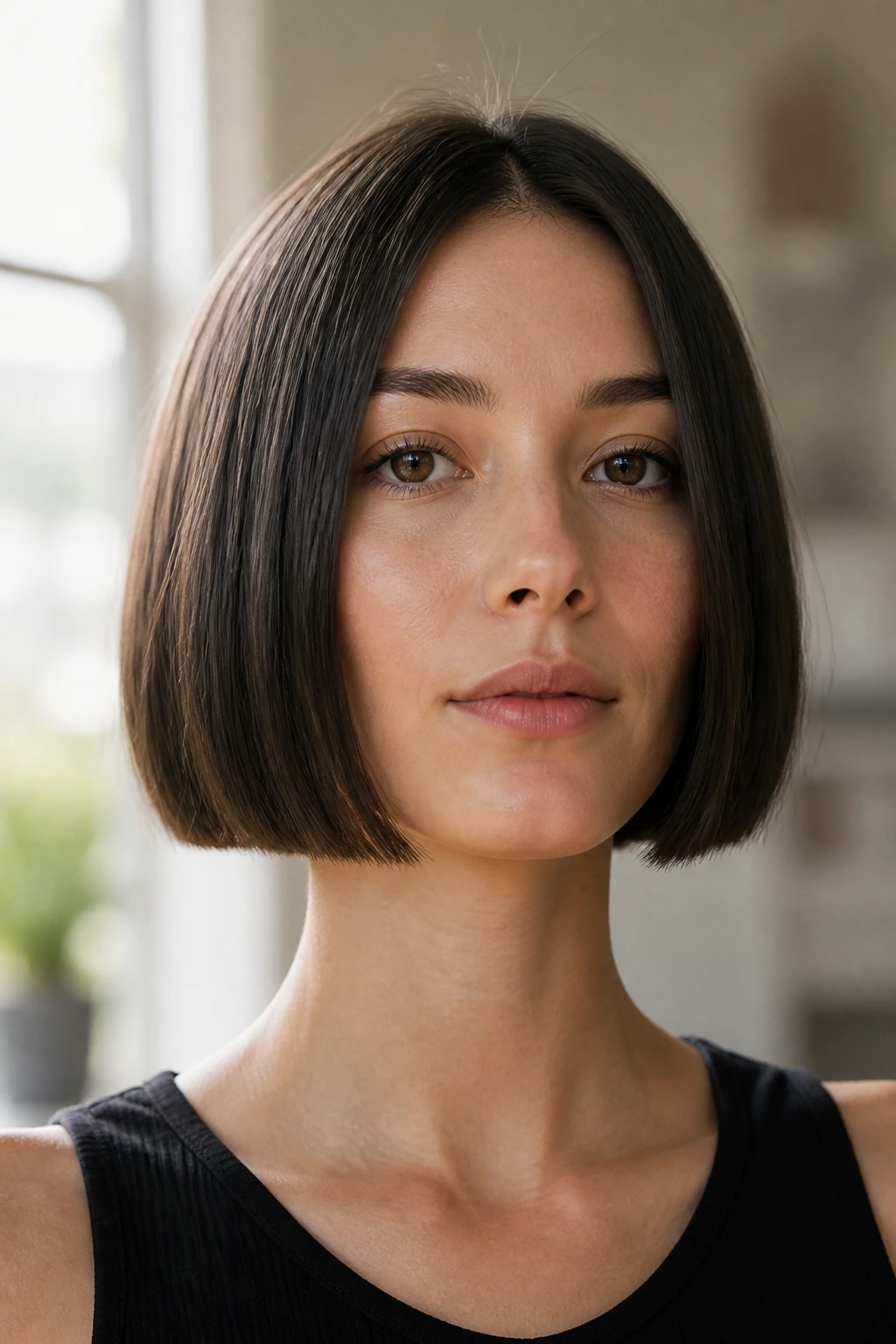 Real woman with a precision bob hairstyle close-up portrait
