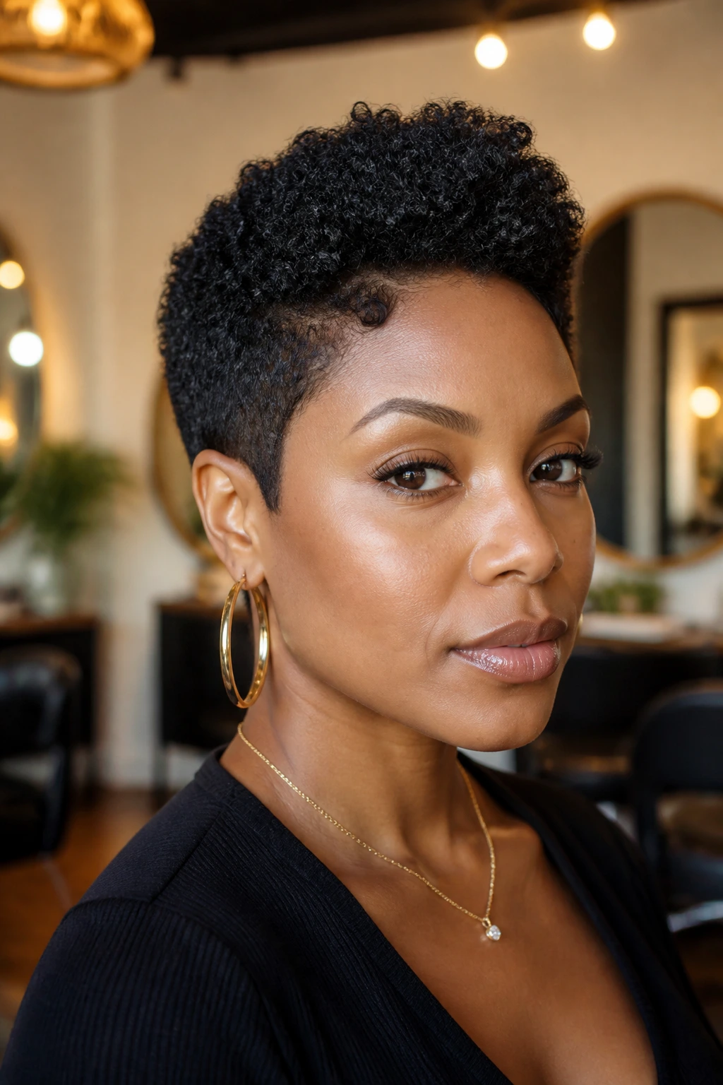 Close-up of a real woman with a precision tapered pixie cut in chic salon lighting.