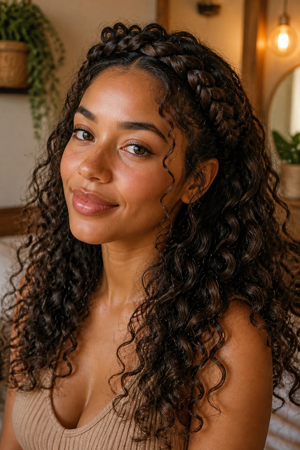 Close-up of a real woman with a protective braided crown and curls around the face