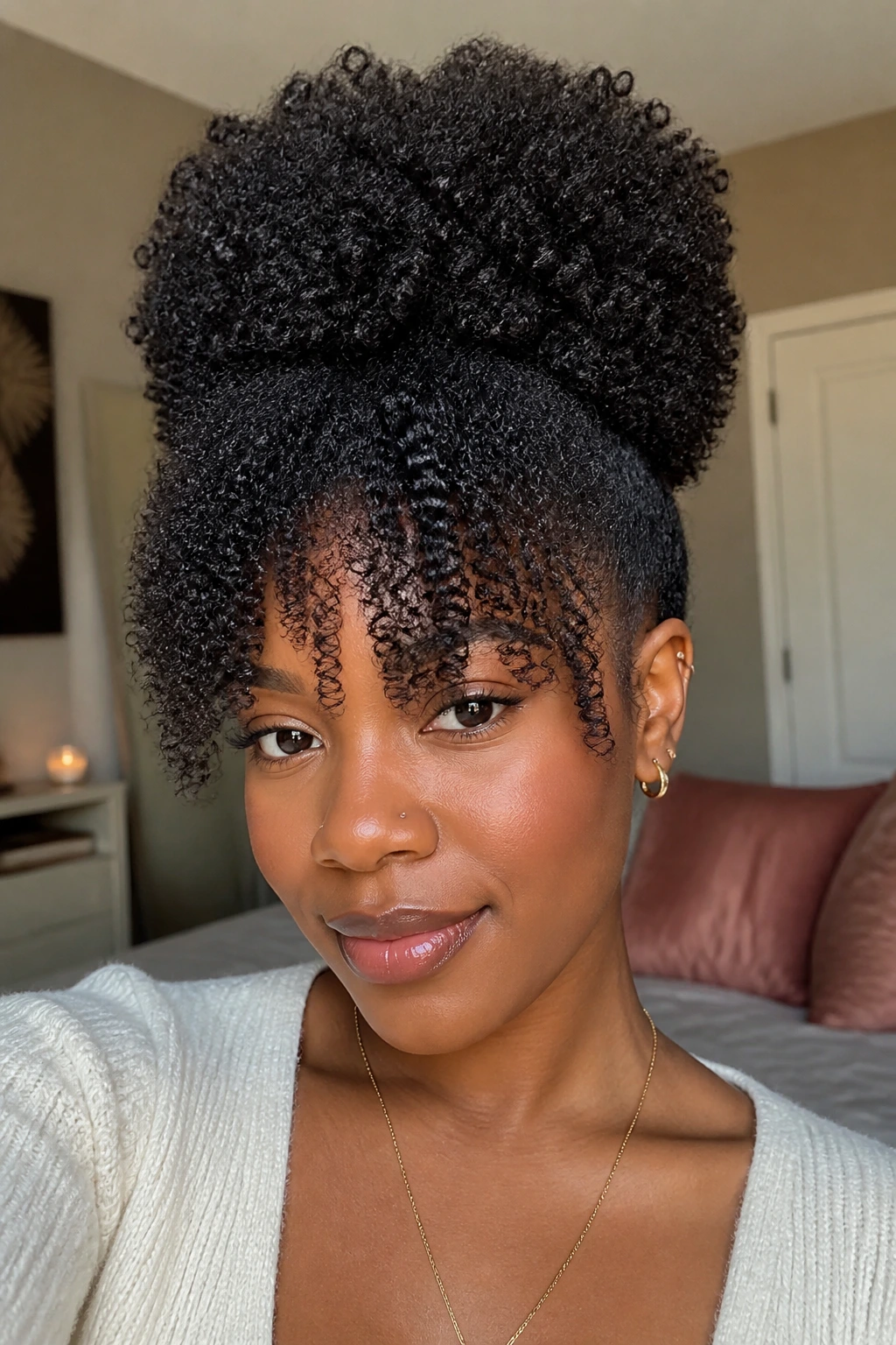 Close-up of 4c hair in puff with bangs framing the face on a real woman