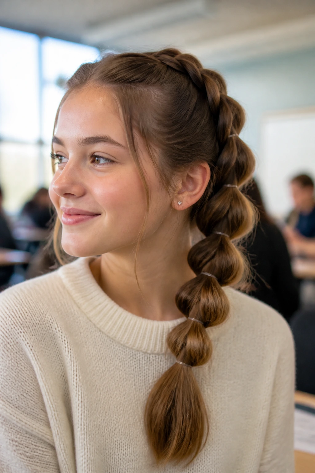 Teen girl with pull-through braid close-up in classroom light.