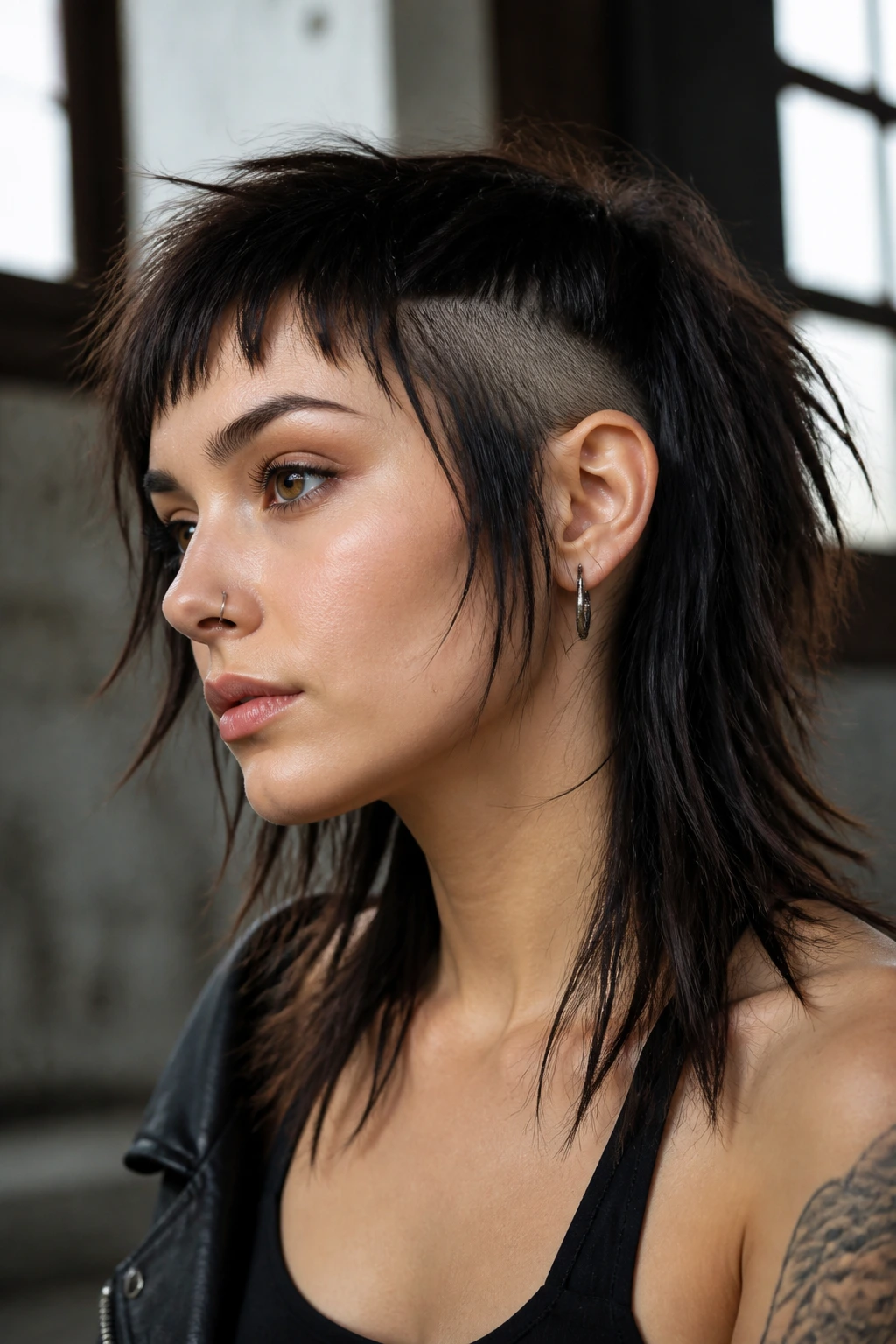 Close-up portrait of a real person with a punk mid-length cut and razor ends