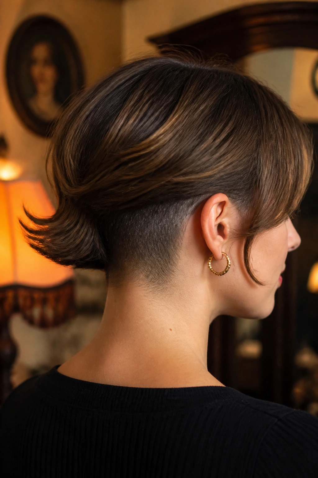 Portrait of a real woman with retro flip hairstyle and nape undercut in a vintage-inspired setting