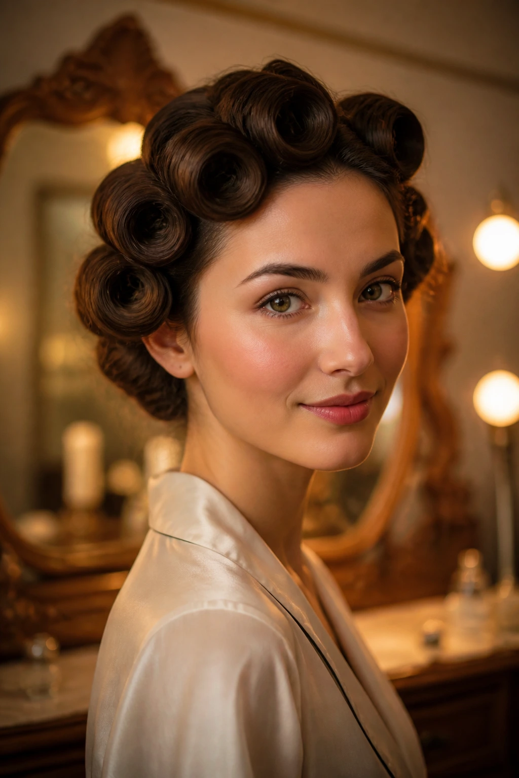 Woman with retro pin curls in a vintage vanity setting