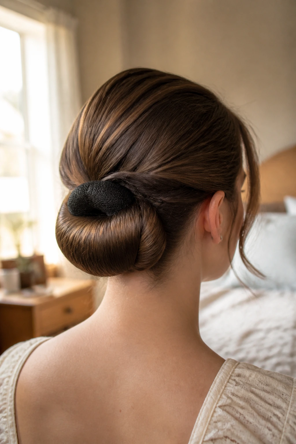Rear three-quarter portrait of a real woman with a retro-roll tucked at the nape using a donut form.
