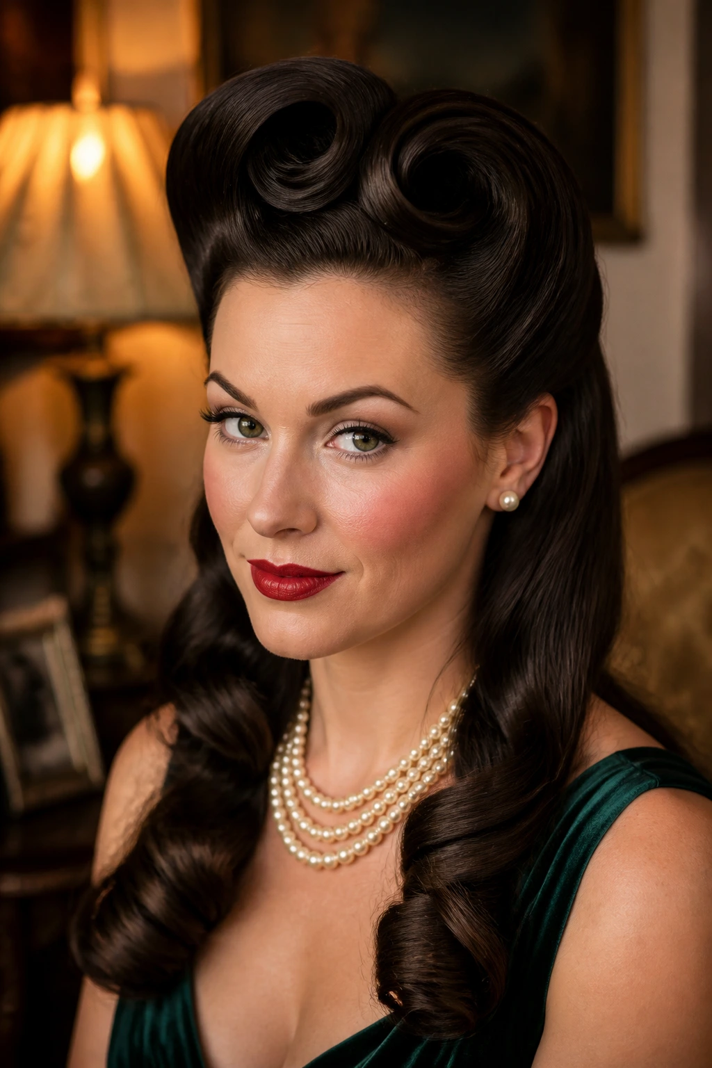Close-up of a real woman with retro victory rolls hairstyle
