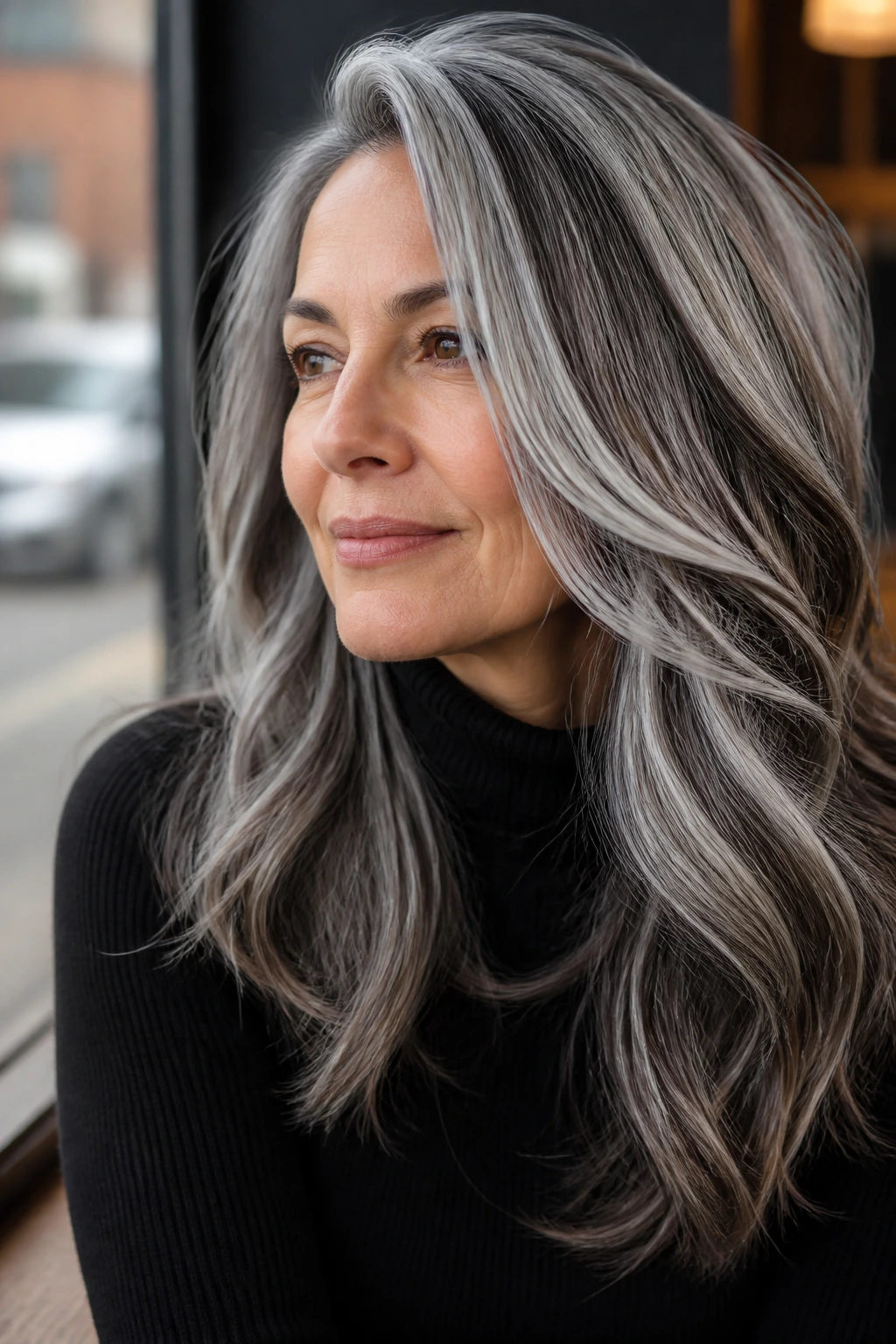 Portrait of woman with reverse balayage dark lowlights through silver hair