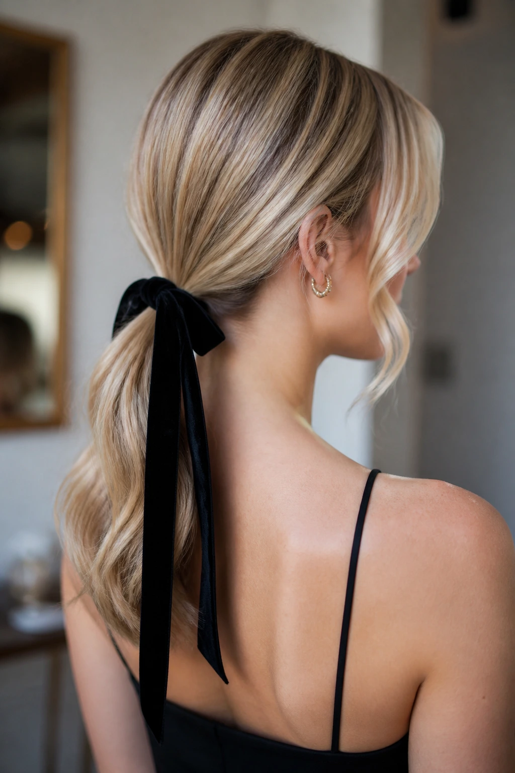 Real person with low ponytail tied with a ribbon