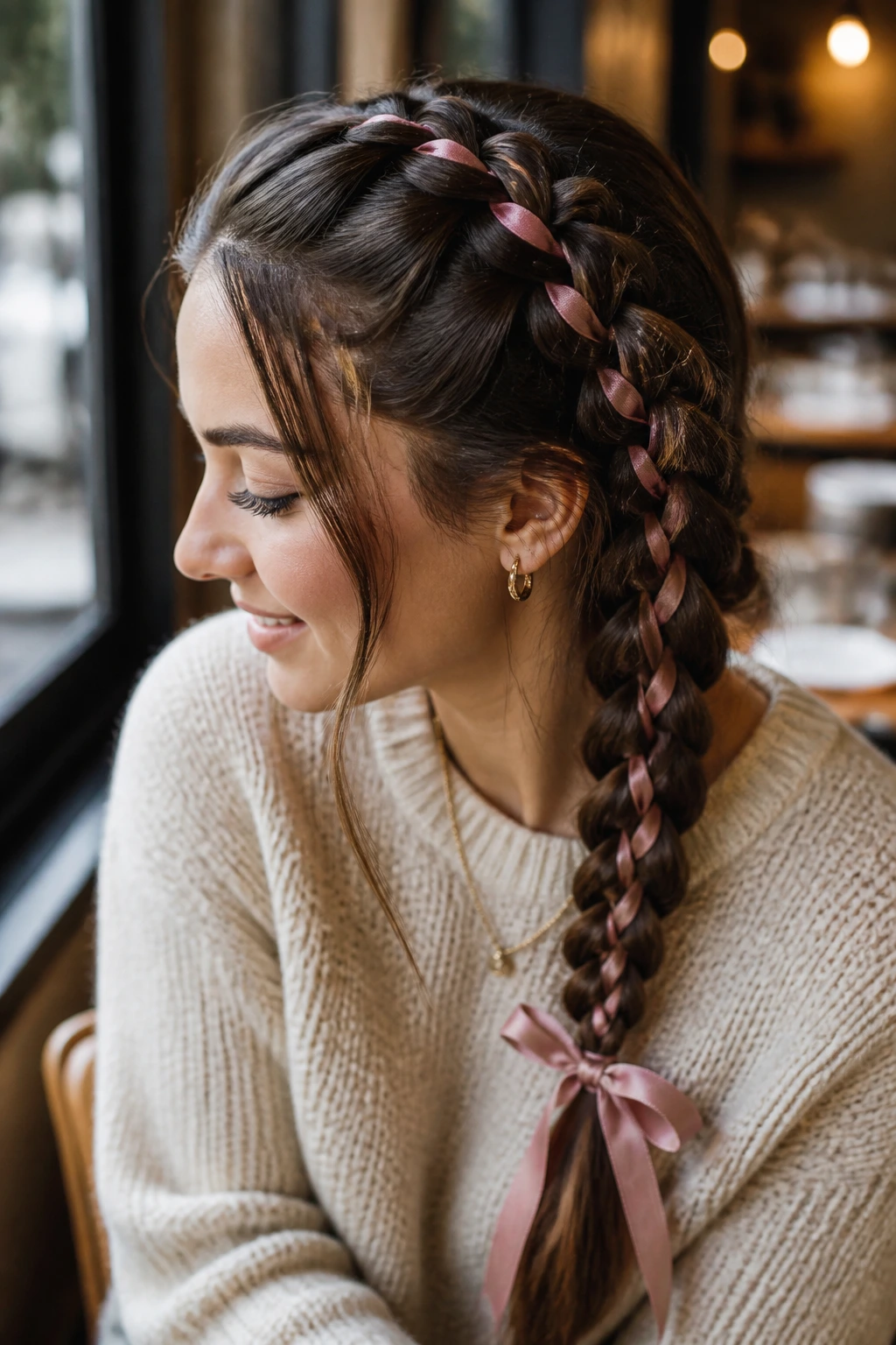 Close-up of a real woman with a ribbon-woven Dutch braid.
