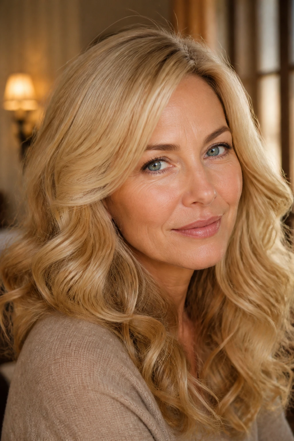 Close-up of a woman with rich butter blonde hair