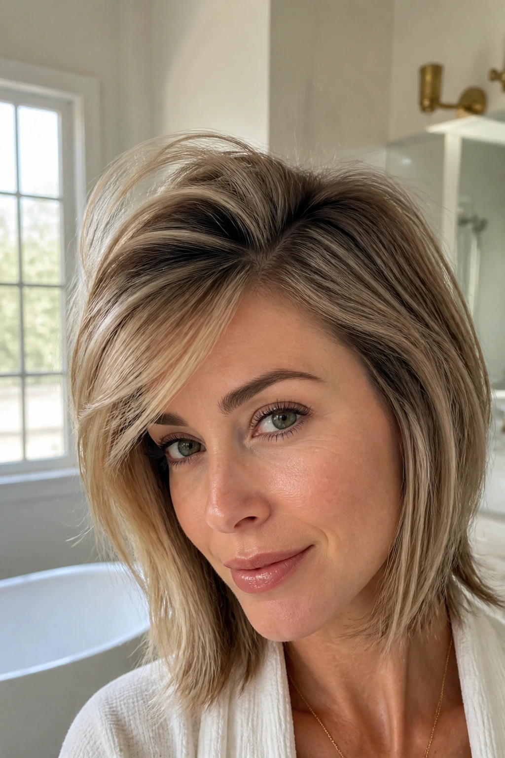 Close-up of bangs lifted at the roots with crown volume in bright bathroom light