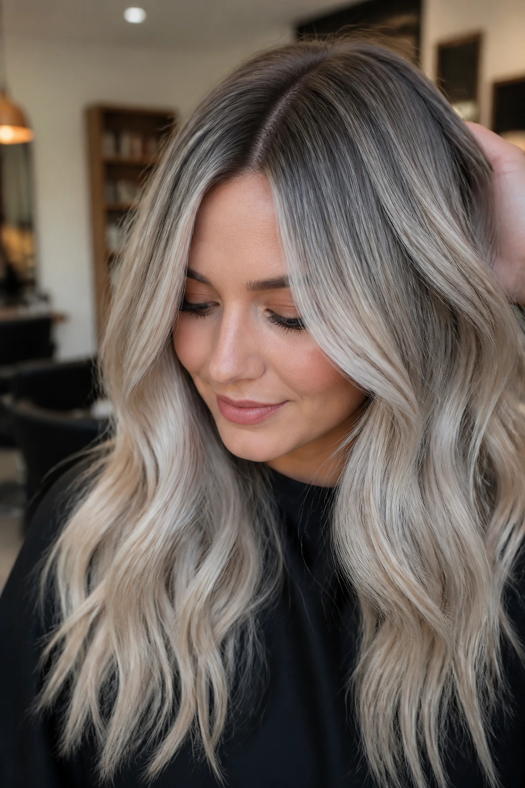 Close-up of real woman with Root Smudge Ash hair in a salon