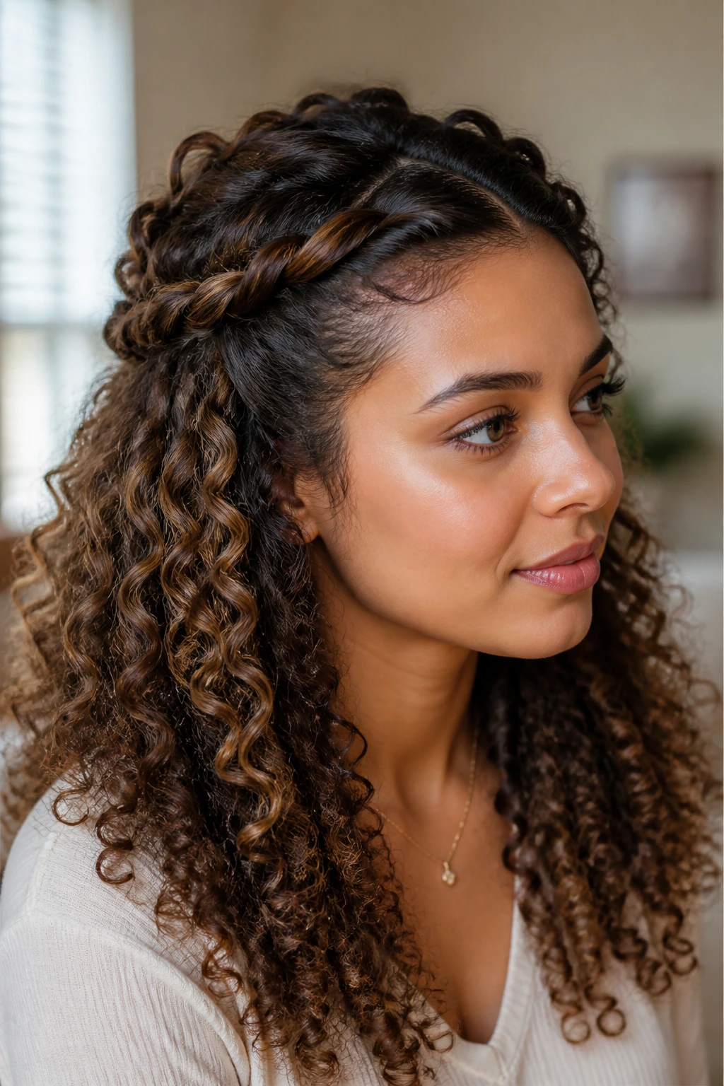 Close-up of a real person showing rope-twist half-up style with twists at crown