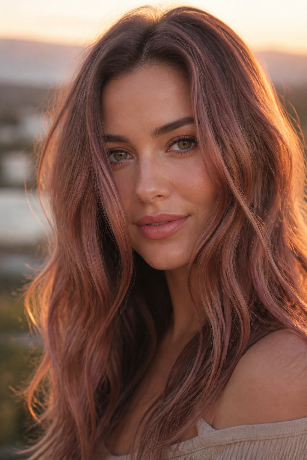 Brunette with rose gold tint in natural light
