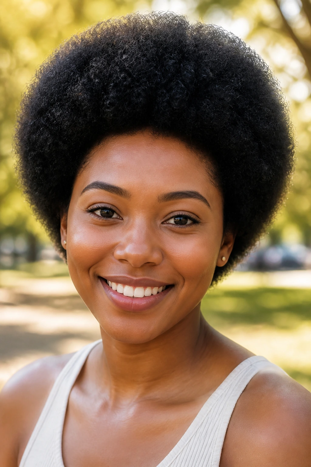 Close-up of a real woman with a perfectly rounded Afro in warm outdoor light.