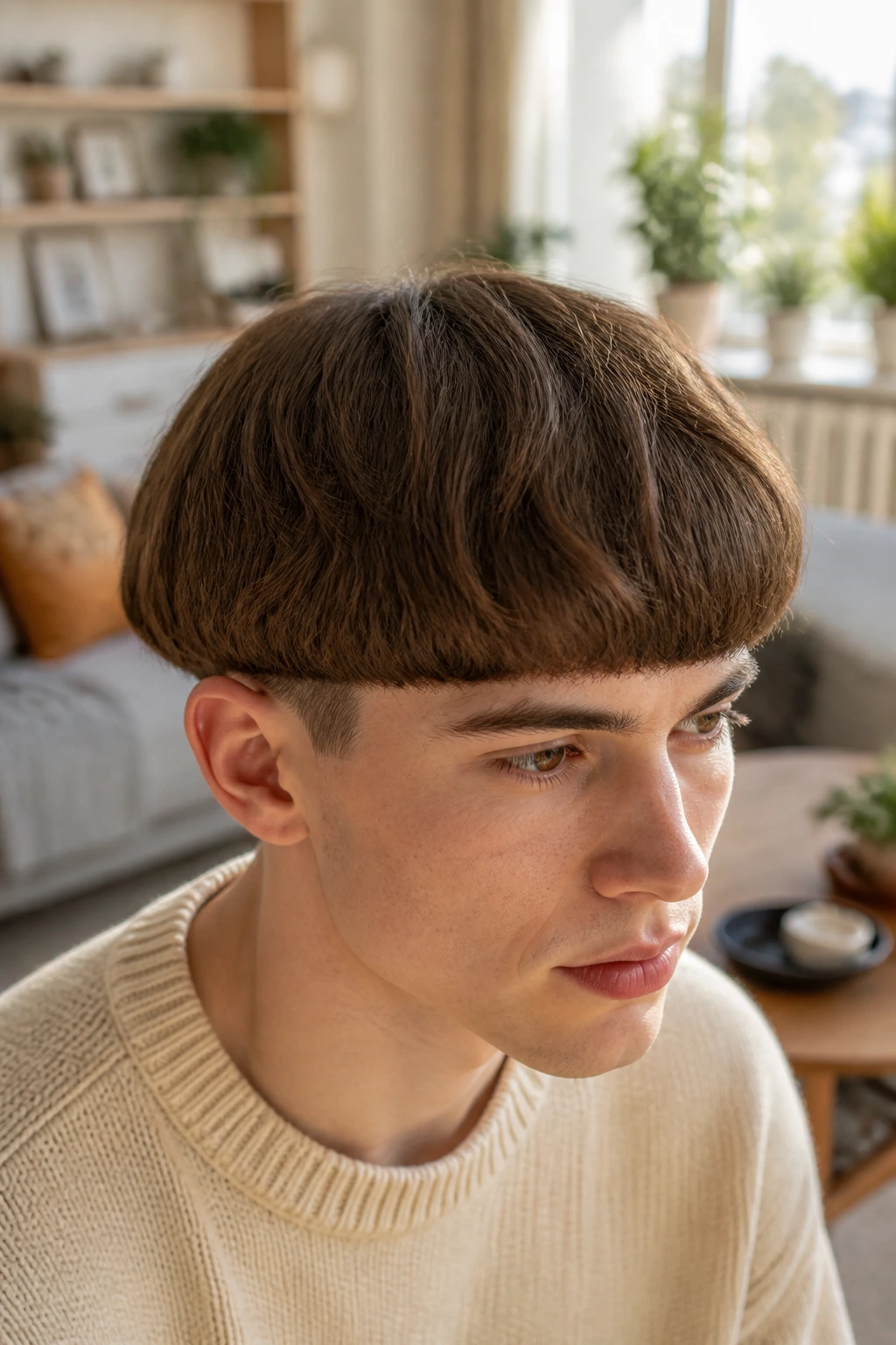 Close-up portrait of a real person with modern rounded bowl cut in cozy sunny room