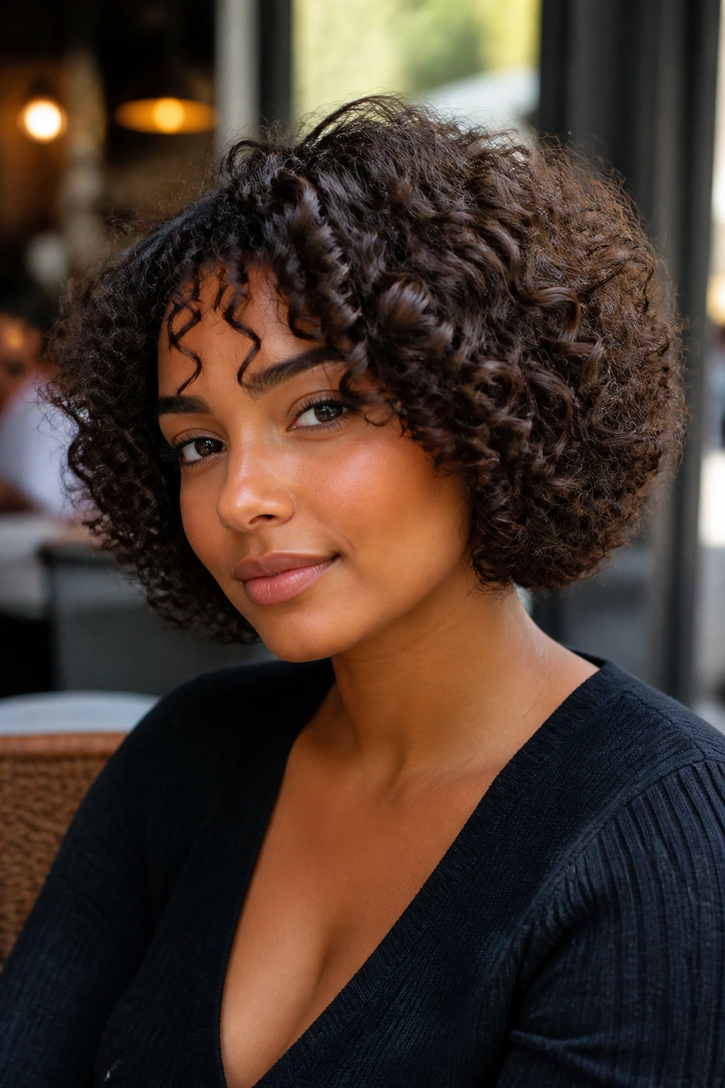 Close-up of a real woman with Rounded Curly Bob hairstyle