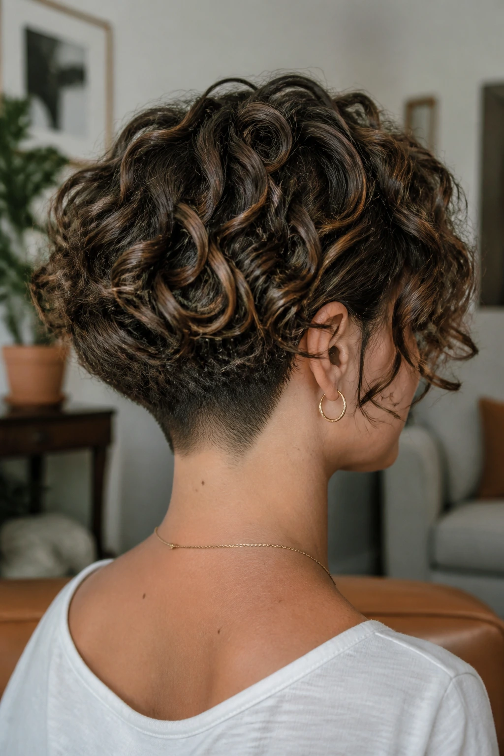 Close-up of a real woman with rounded curly lob and low undercut at the nape.