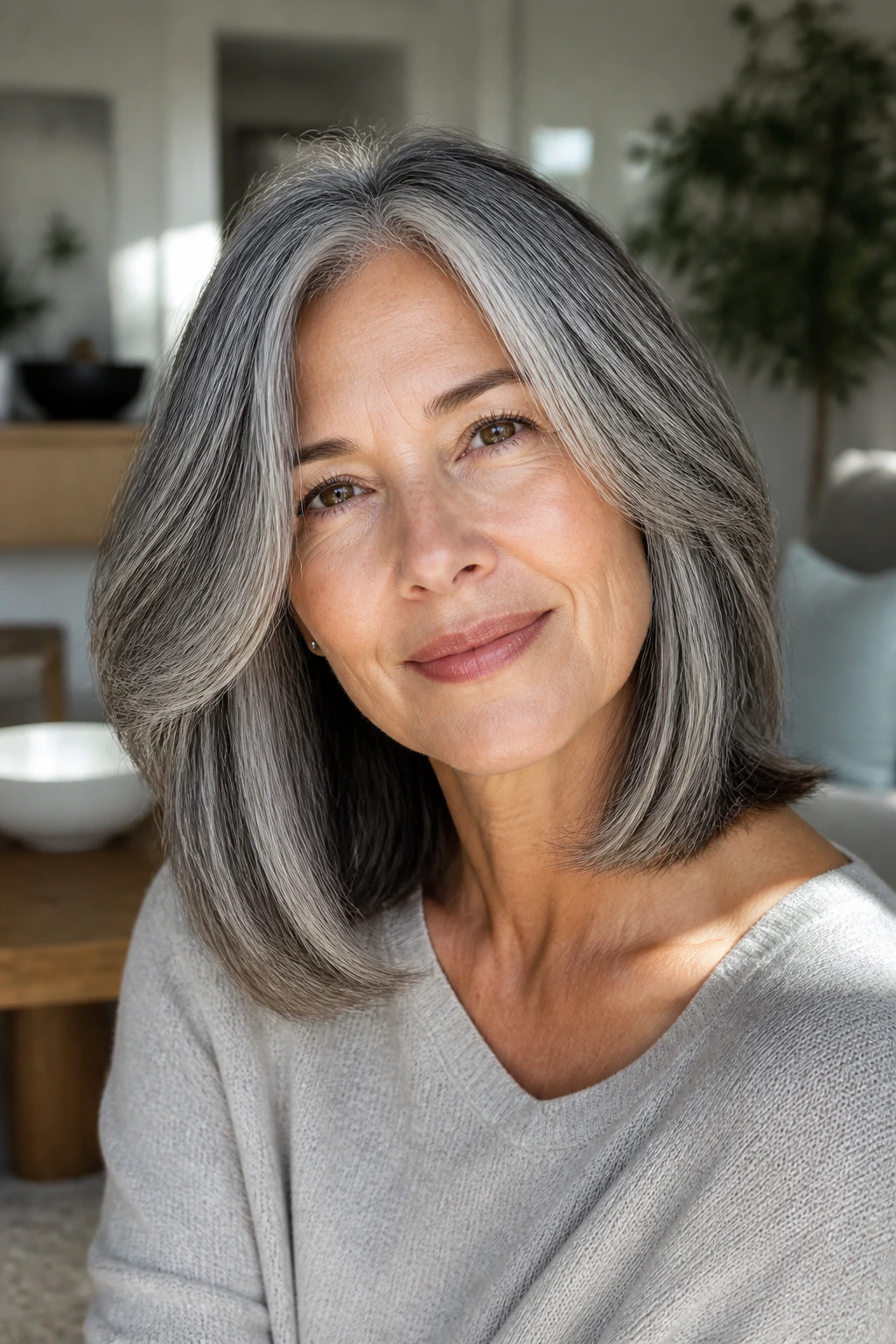 Close-up of a real person with a long bob blending gray, white, and dark hair.