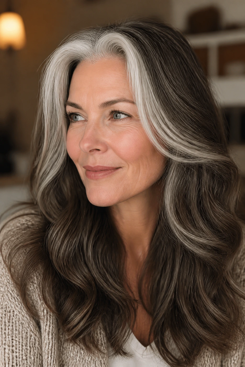 Close-up of white silver highlights against dark brown hair