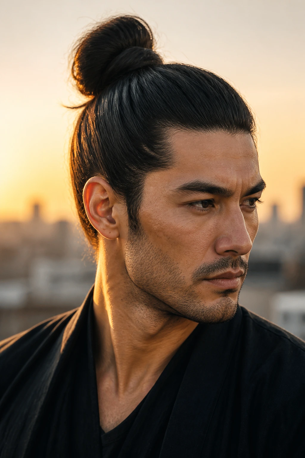 Close-up portrait of a man with a full-head samurai top knot on a rooftop at golden hour