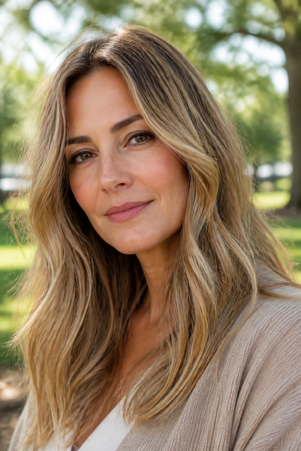 Portrait of woman with sandy beige bronde base hair in park light