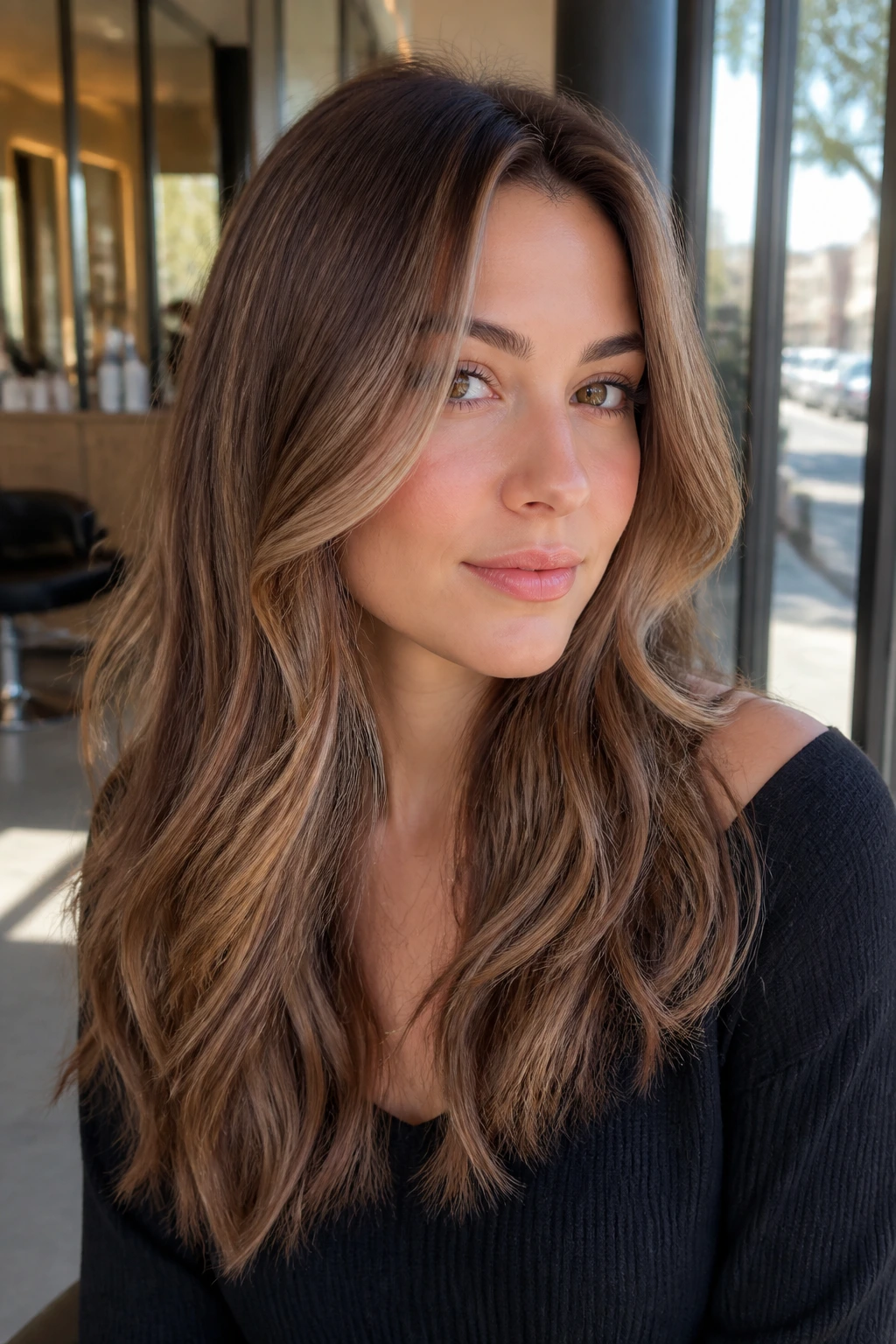 Close-up portrait of a woman with sandy brown highlights in chestnut hair under warm salon light