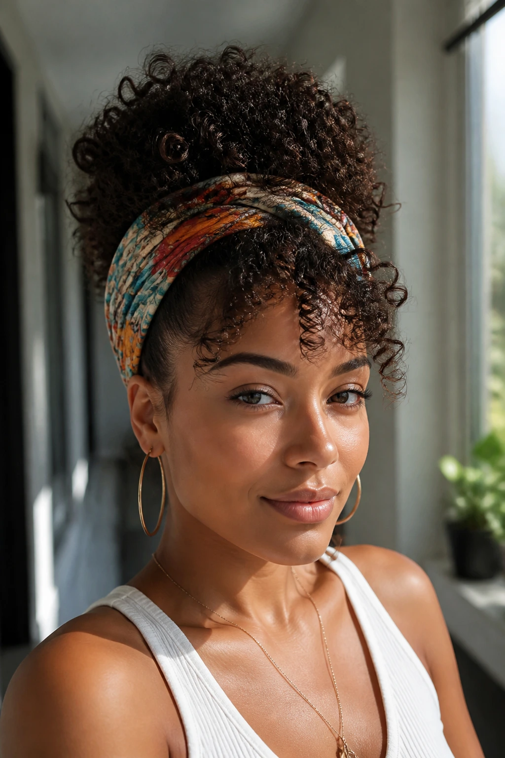 Close-up of a real woman with scarf-wrapped puff hairstyle and visible curls