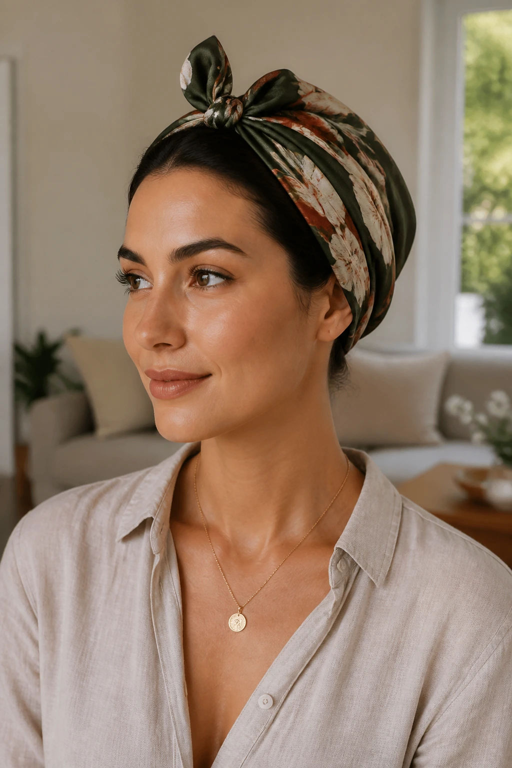 Close-up of real woman with scarf-wrapped hidden tuck