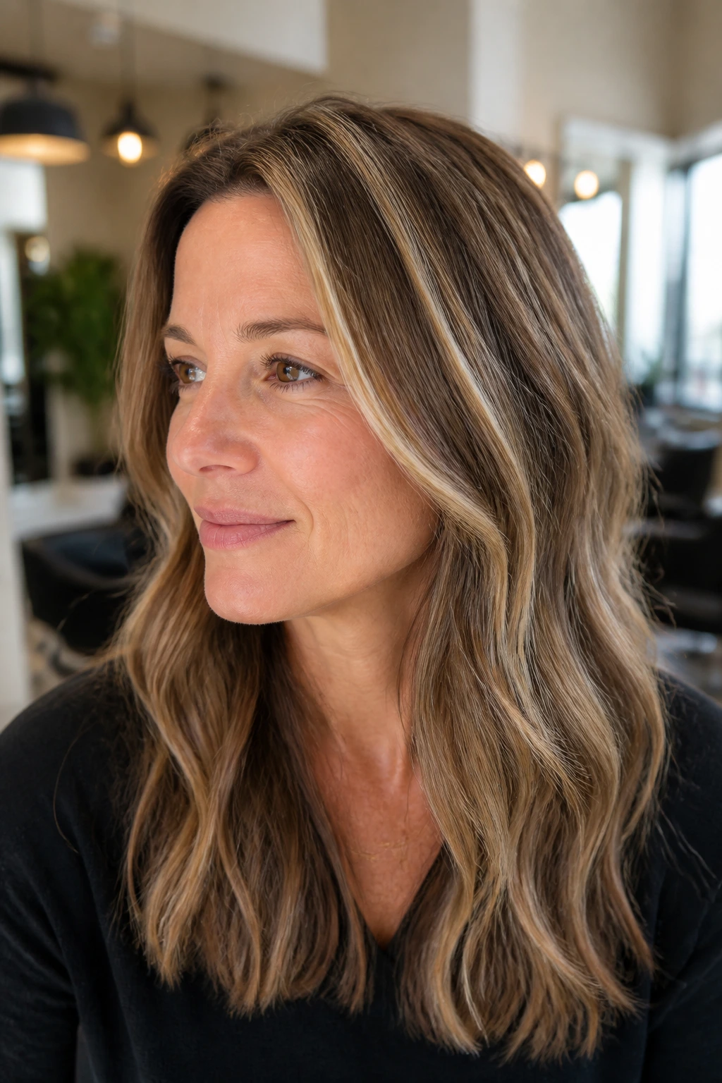 Real woman with scattered highlights blending greys across head in a salon.