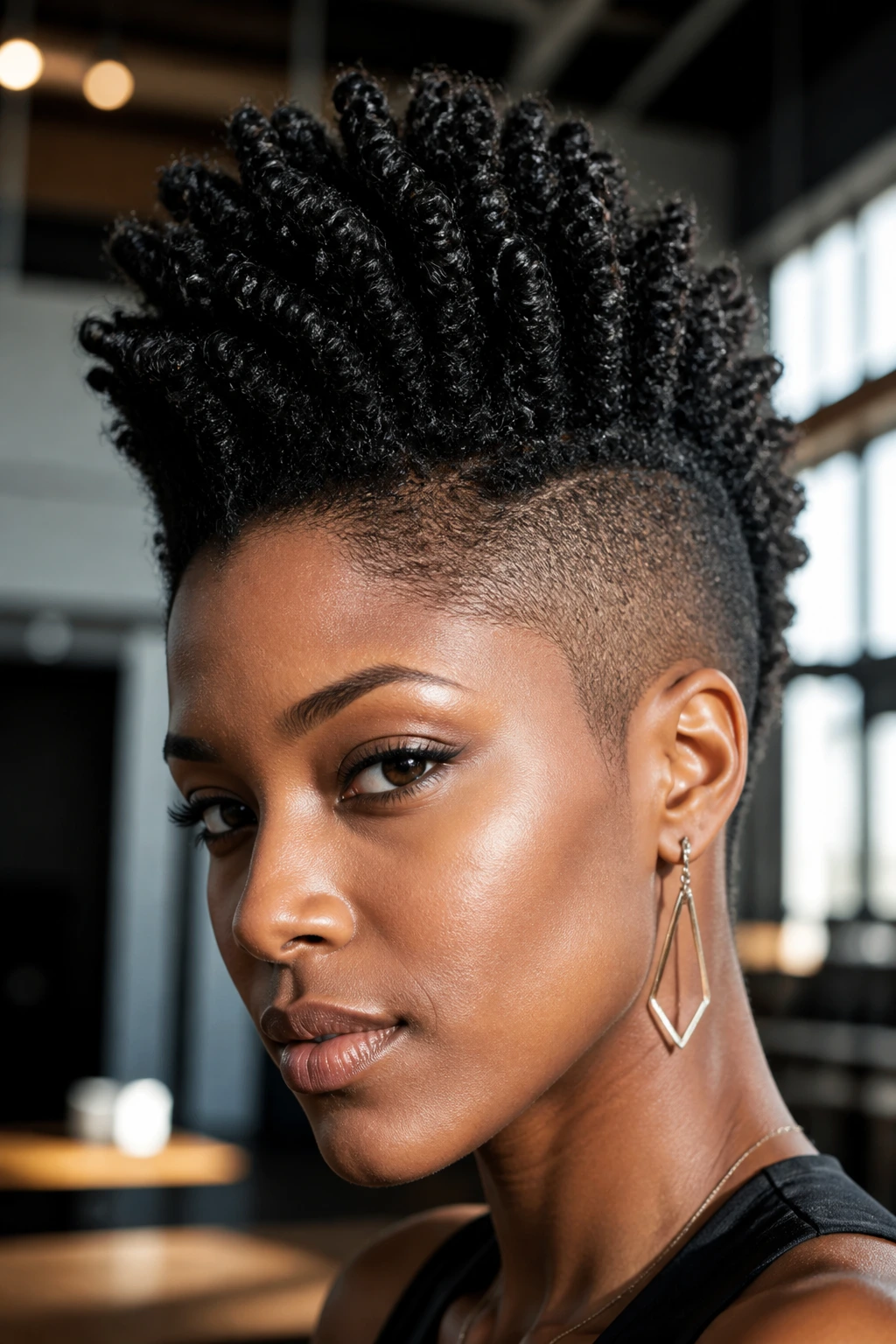 Close-up of a real person with a sculpted mohawk and tapered sides.