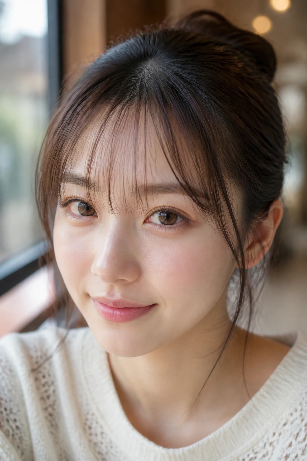 Close-up portrait of a real person with ultra-thin see-through Korean bangs